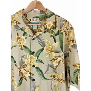 Reyn Spooner Regency Silk Jacquard Men's L Yellow Floral Camp Loop Collar Shirt